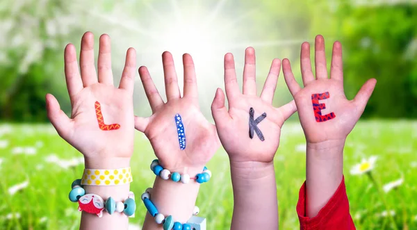 Dzieci Hands Building Kolorowe Angielskie Słowo Jak Słoneczna Zielona Łąka — Zdjęcie stockowe