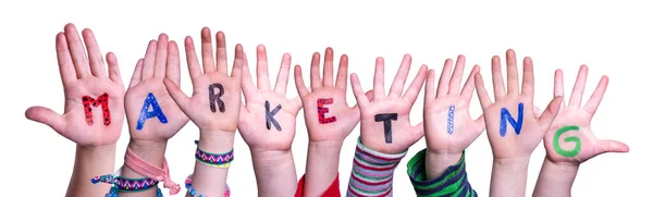 Children Hands Building Kolorowy Angielski Word Marketing Odizolowane Białe Tło — Zdjęcie stockowe