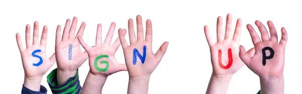 Kinderen Handen Bouwen Kleurrijk Engels Woord Aanmelden Geïsoleerde Witte Achtergrond — Stockfoto