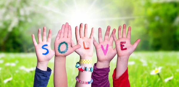 Children Hands Building Colorful English Word Solve Inglés Verano Prado —  Fotos de Stock