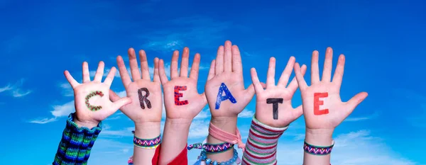 Children Hands Building Colorful English Word Create Blue Sky Background — Stock Photo, Image