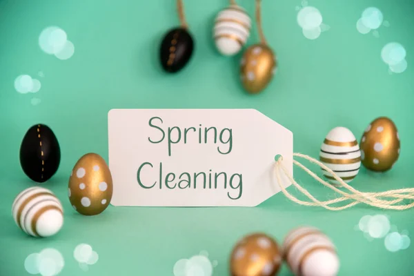 Etiqueta Con Texto Inglés Spring Cleaning Brillante Dorado Decoración Huevos —  Fotos de Stock