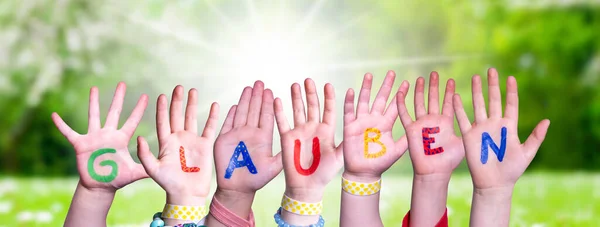 Children Hands Building Colorful German Word Glauben Means Believe Sunny — Stock Photo, Image