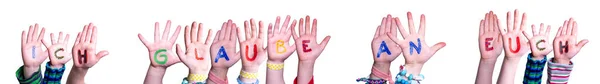 Children Hands Building Colorful German Word Ich Glaube Euch Means — Fotografia de Stock