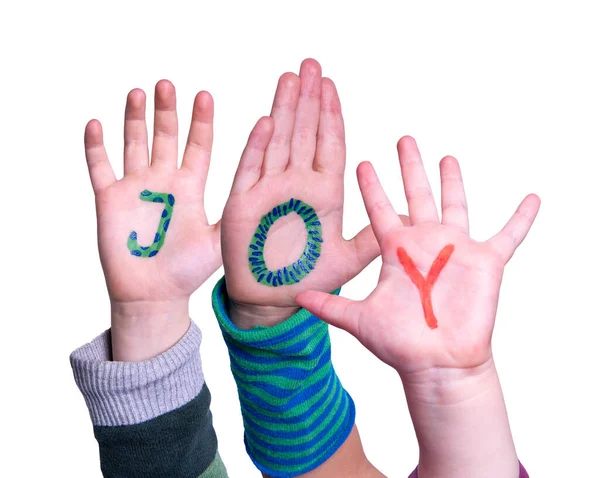Children Hands Building Colorful English Word Joy Inglés Fondo Blanco — Foto de Stock