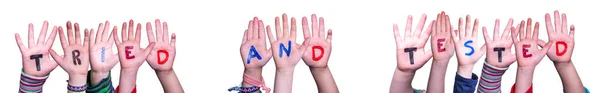Children Hands Building Colorful English Word Tried Tested White Isolated — Stock Photo, Image