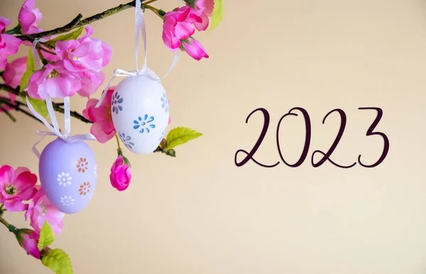 Hermosa Decoración Huevos Pascua Con Flores Primavera Texto Inglés 2023 —  Fotos de Stock