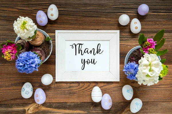 Velikonoční Ploché Ležení Rámeček Anglickým Textem Děkujeme Květiny Velikonoční Vejce — Stock fotografie