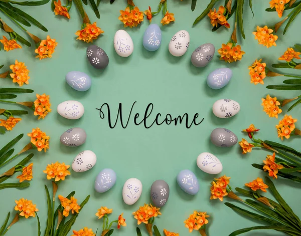 Lay Piatto Con Testo Inglese Benvenuto Decorazione Uovo Pasqua Con — Foto Stock