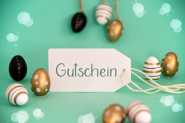 Etikett Mit Deutschem Text Gutschein Bedeutet Gutschein Leuchtend Goldene Schwarze — Stockfoto
