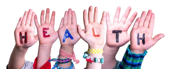 Kinderen Handen Bouwen Kleurrijk Engels Woord Gezondheid Geïsoleerde Witte Achtergrond — Stockfoto