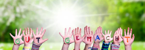 Children Hands Building Colorful German Word Gut Gemacht Means Well — Foto de Stock