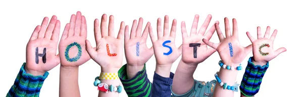 Kinderen Handen Bouwen Kleurrijk Engels Woord Holistisch Geïsoleerde Witte Achtergrond — Stockfoto