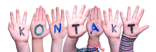 Crianças Mãos Construindo Colorido Alemão Palavra Kontakt Significa Contato Fundo — Fotografia de Stock