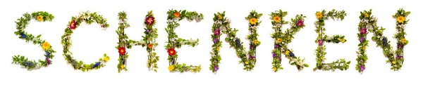 ドイツ語の単語シェンケン手段を構築する花の手紙を咲かせます 色とりどりの春と夏の花 白の隔離された背景 — ストック写真