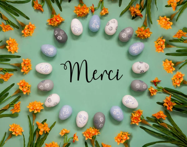 Flat Lay French Text Merci Signifie Merci Décoration Oeuf Pâques — Photo