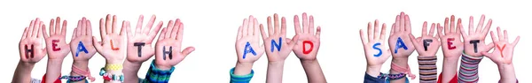 Crianças Mãos Construindo Colorido Inglês Palavra Saúde Segurança Fundo Branco — Fotografia de Stock