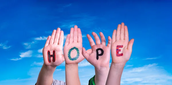 Children Hands Building Colorful English Word Hope Blue Sky Background — Stock Photo, Image