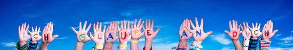 Children Hands Building Colorful German Word Ich Glaube Dich Means — Stock Photo, Image