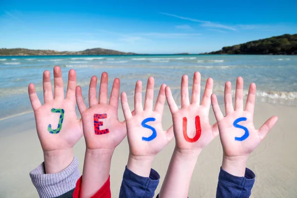 Children Hands Building Colorful English Word Jesus Summer Ocean Sea — Stock Photo, Image