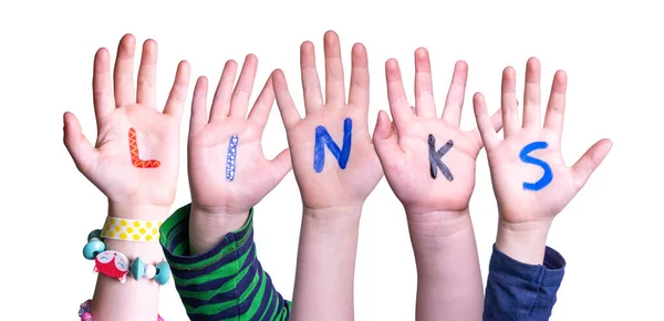 Kinderen Handen Bouwen Kleurrijke Engelse Word Links Geïsoleerde Witte Achtergrond — Stockfoto