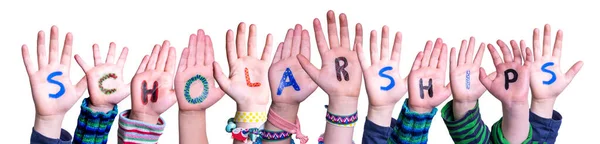 Çocuklar Eller Renkli Ngilizce Kelime Bursları Nşa Ediyor Zole Beyaz — Stok fotoğraf