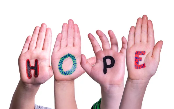 Children Hands Building Colorido Inglês Palavra Esperança Fundo Branco Isolado — Fotografia de Stock