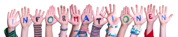 Παιδιά Χέρια Οικοδόμηση Πολύχρωμο Γερμανική Λέξη Informationen Σημαίνει Πληροφορίες Μεμονωμένο — Φωτογραφία Αρχείου