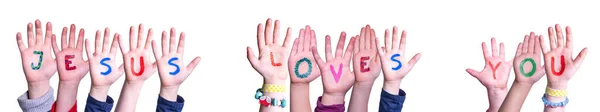 Παιδιά Χέρια Οικοδόμηση Πολύχρωμο Αγγλική Λέξη Ιησούς Σας Αγαπά Μεμονωμένο — Φωτογραφία Αρχείου