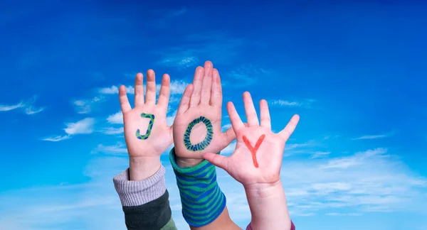 Children Hands Building Colorful English Word Joy Inglés Cielo Azul —  Fotos de Stock