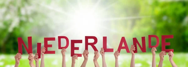 People Persons Hands Building German Word Niederlande Means Netherlands Солнечный — стоковое фото