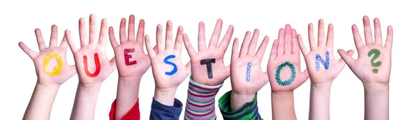 Children Hands Building Kleurrijke Engelse Woordvraag Geïsoleerde Witte Achtergrond — Stockfoto