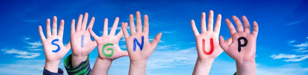 Kinder Basteln Bunte Englische Wörter Blauer Himmel Als Hintergrund — Stockfoto