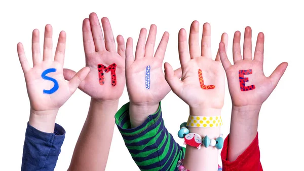 Çocuk Elleri Renkli Ngilizce Kelime Gülümsemesi Yapıyor Zole Beyaz Arkaplan — Stok fotoğraf
