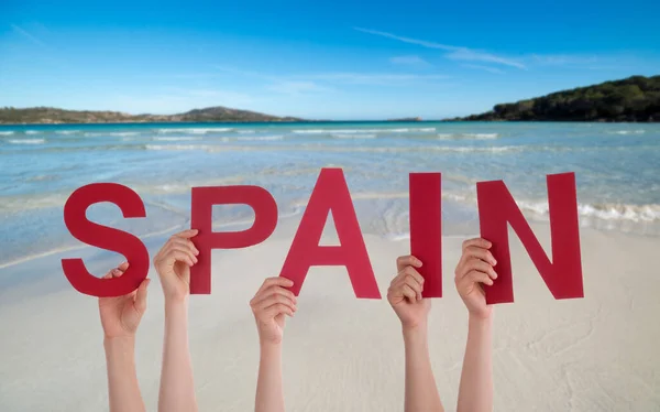 Persone Persone Mani Costruzione Parola Inglese Spagna Oceano Estate Mare — Foto Stock