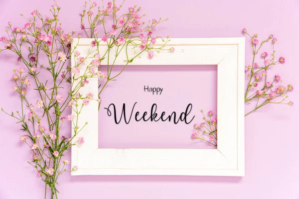 Винтажное Фото Цветочным Оформлением Ikebana Английским Названием Happy Weekend Фон — стоковое фото