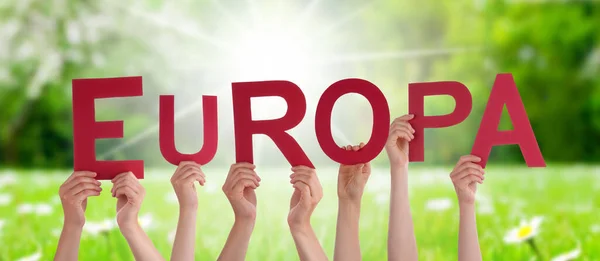 Personas Personas Manos Construyendo Palabra Alemana Europa Significa Europa Soleado —  Fotos de Stock
