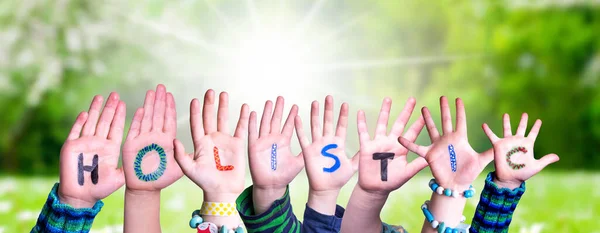 Kinderen Handen Bouwen Kleurrijk Engels Woord Holistisch Zonnig Groen Gras — Stockfoto