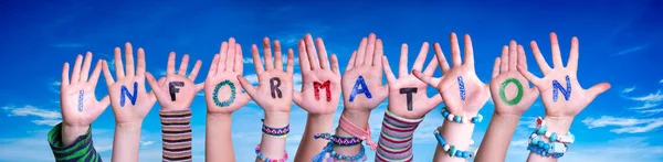 Children Hands Building Colorful English Word Information Blue Sky Background — Stock Photo, Image