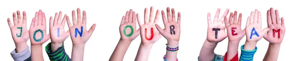 Children Hands Building Kolorowe Angielskie Słowo Dołącz Naszego Zespołu Odizolowane — Zdjęcie stockowe