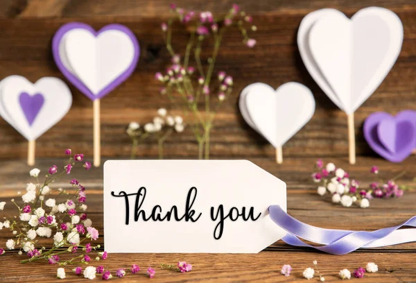 Ngilizce Mesajlı Etiket Teşekkürler Mor Leylak Dekorasyonu Bahar Çiçeği Düzenleme — Stok fotoğraf
