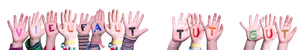 Παιδιά Χέρια Οικοδόμηση Πολύχρωμο Γερμανική Λέξη Vielfalt Tut Gut Σημαίνει — Φωτογραφία Αρχείου