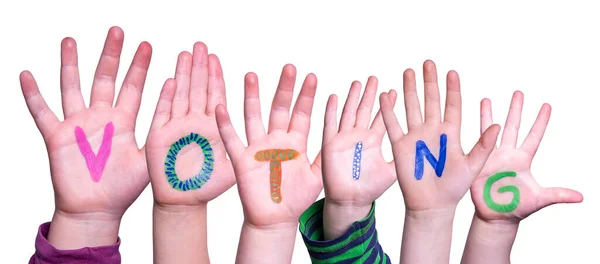 Dzieci Ręce Budowanie Kolorowe Angielskie Słowo Głosowanie Białe Izolowane Tło — Zdjęcie stockowe