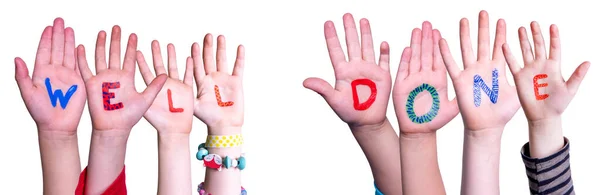 Children Hands Building Kolorowe Angielskie Słowo Dobrze Zrobione Białe Izolowane — Zdjęcie stockowe