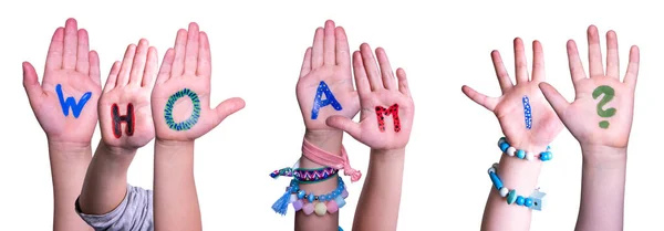 Çocuk Elleri Renkli Ngilizce Kelime Ben Kimim Zole Beyaz Arkaplan — Stok fotoğraf