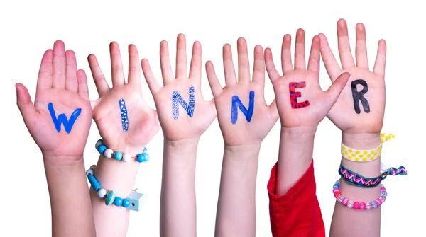 Παιδιά Χέρια Οικοδόμηση Πολύχρωμο Αγγλικά Νικητής Λέξη Λευκό Απομονωμένο Φόντο — Φωτογραφία Αρχείου