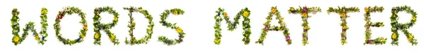 花文字の開花英語のテキストの単語の問題を構築します 夏と春の季節の花と花レイ — ストック写真