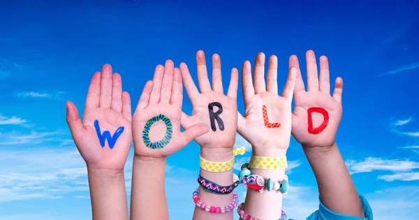 Children Hands Building Colorful English Word World Blue Sky Background — Stock Photo, Image