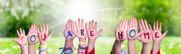Children Hands Building Colorful Russian Word You Home Солнечный Зеленый — стоковое фото