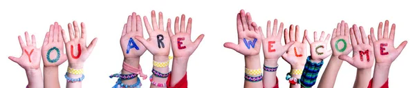 Children Hands Building Colorful English Word You Welcome Isolated White — Stock Photo, Image